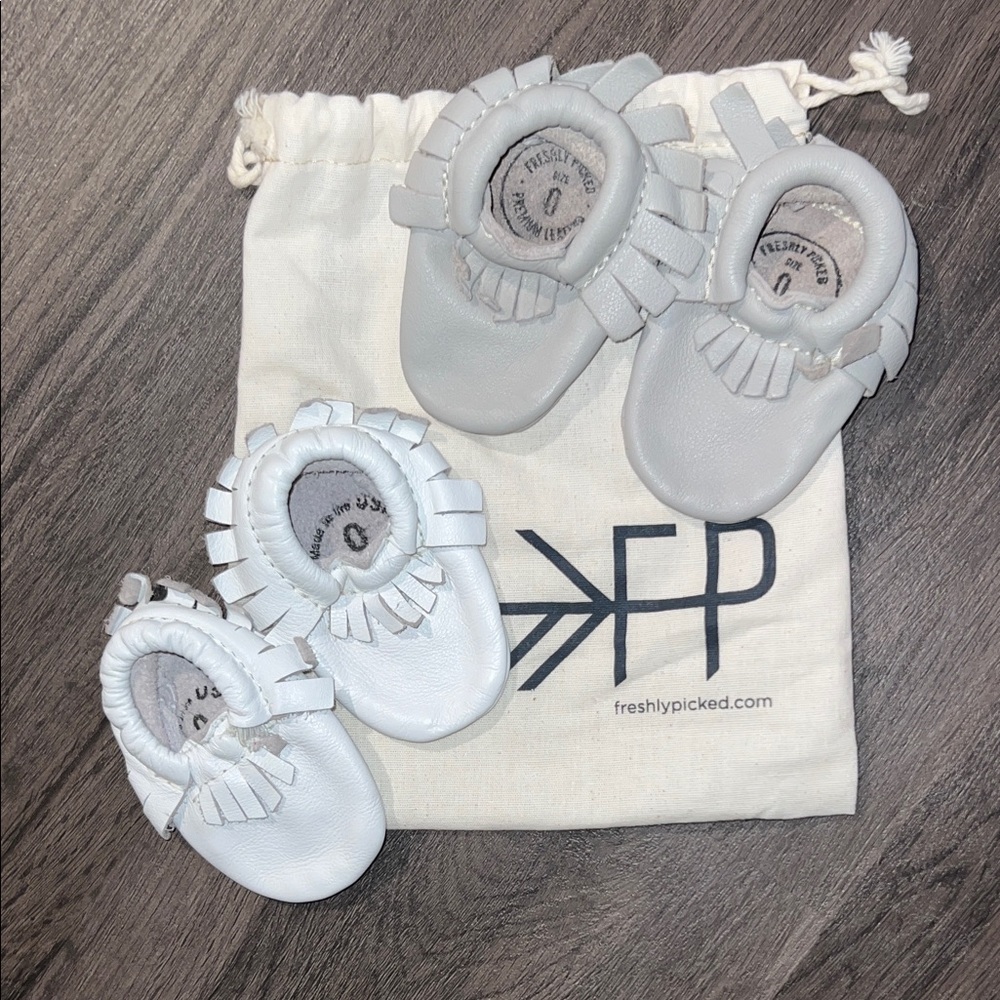 Freshly Picked Light Gray and White Baby Moccasin Bundle Lot